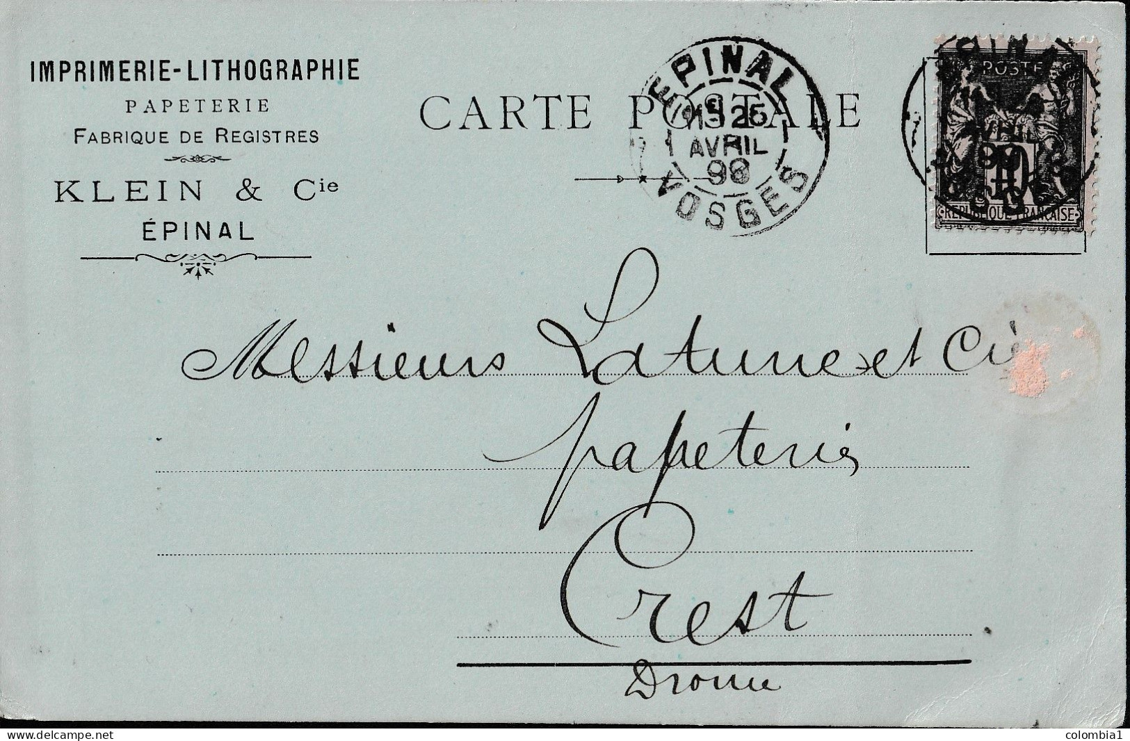 FRANCE CARTE Postale Type Sage EPINAL Du 27 Avril 1898 - 1898-1900 Sage (Type III)