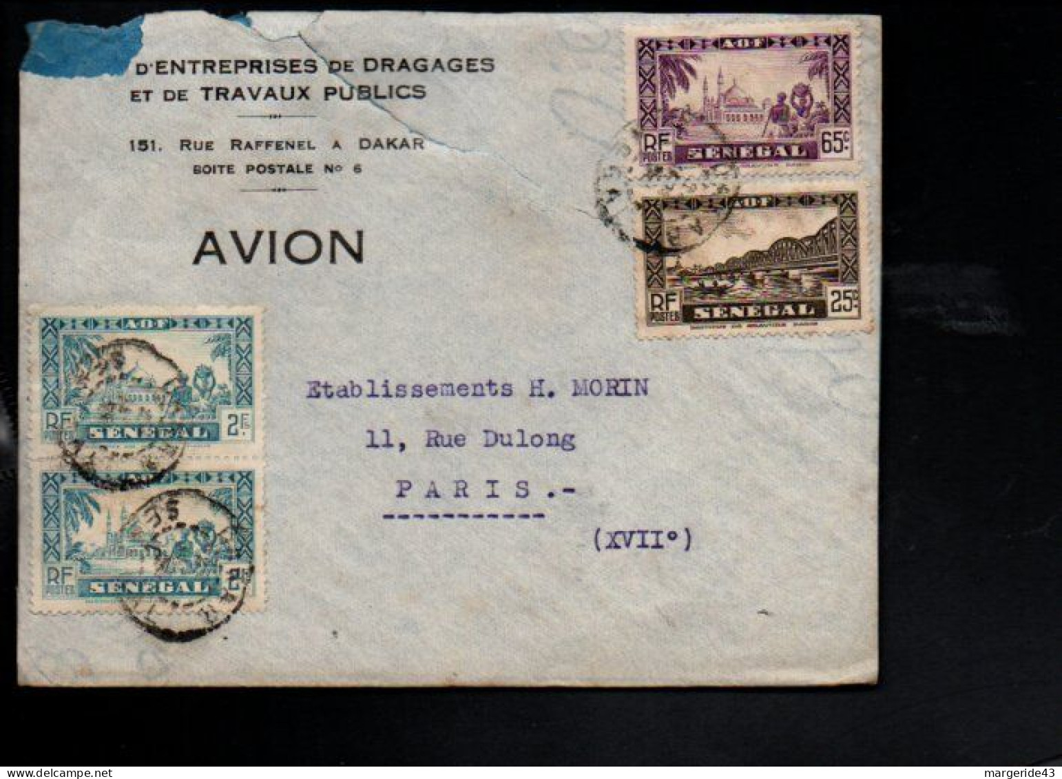 SENEGAL AFFRANCHISSEMENT COMPOSE SUR LETTRE POUR LA FRANCE 1942 - Cartas & Documentos