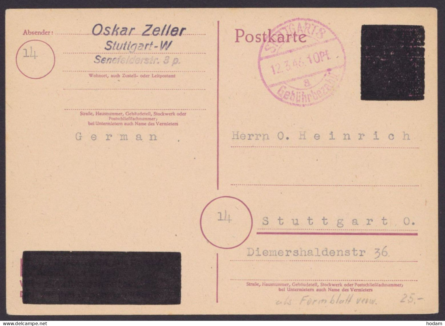 Stuttgart: DR P314 II, O, Überdruck, Roter K2 "Gebühr Bezahlt, 10 Pfg", 12.3.46, Kein Text - Lettres & Documents