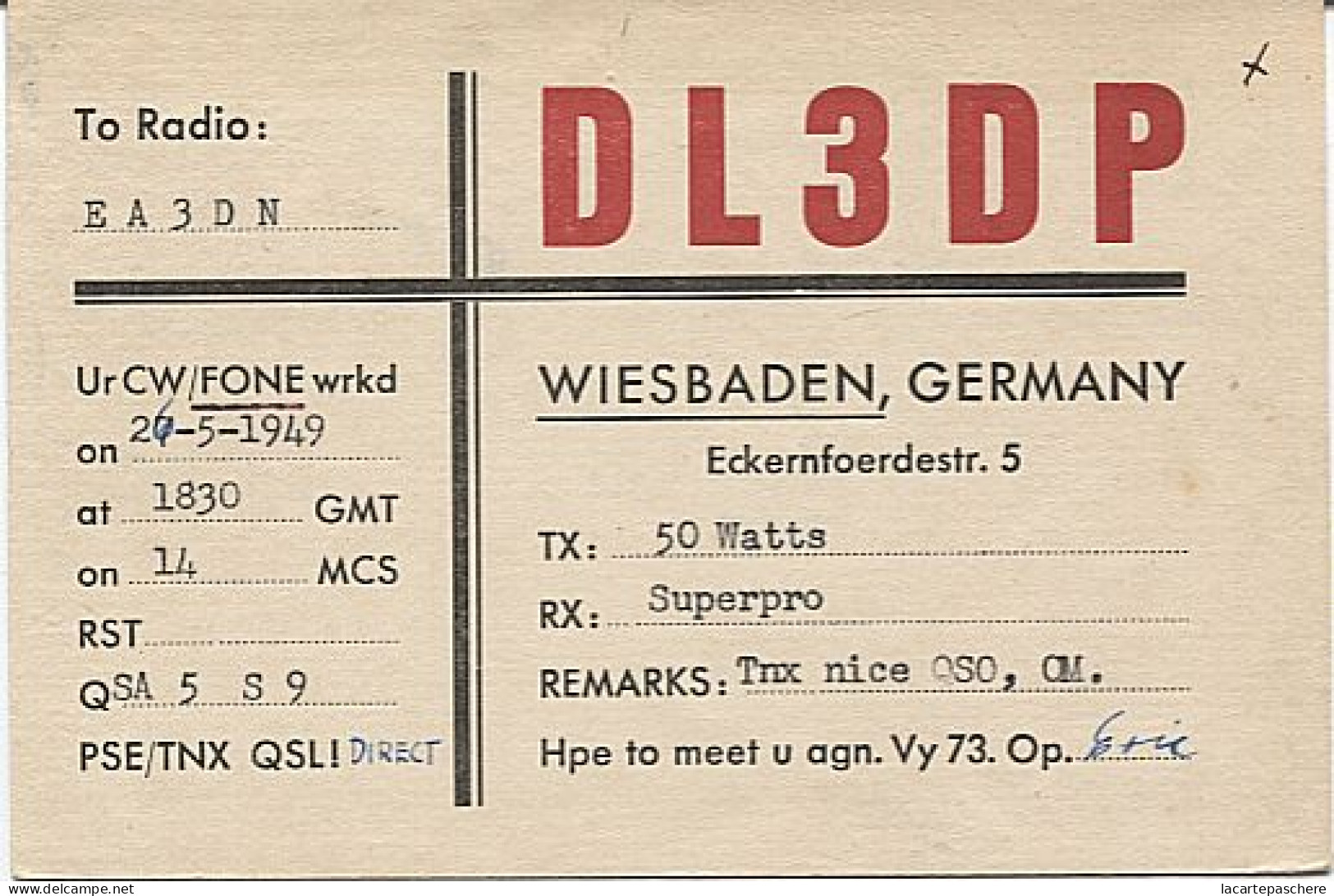 X120879 CARTE QSL RADIO AMATEUR DL3DP ALLEMAGNE GERMANY DEUTSCHLAND WIESBADEN   EN 1949 - Amateurfunk