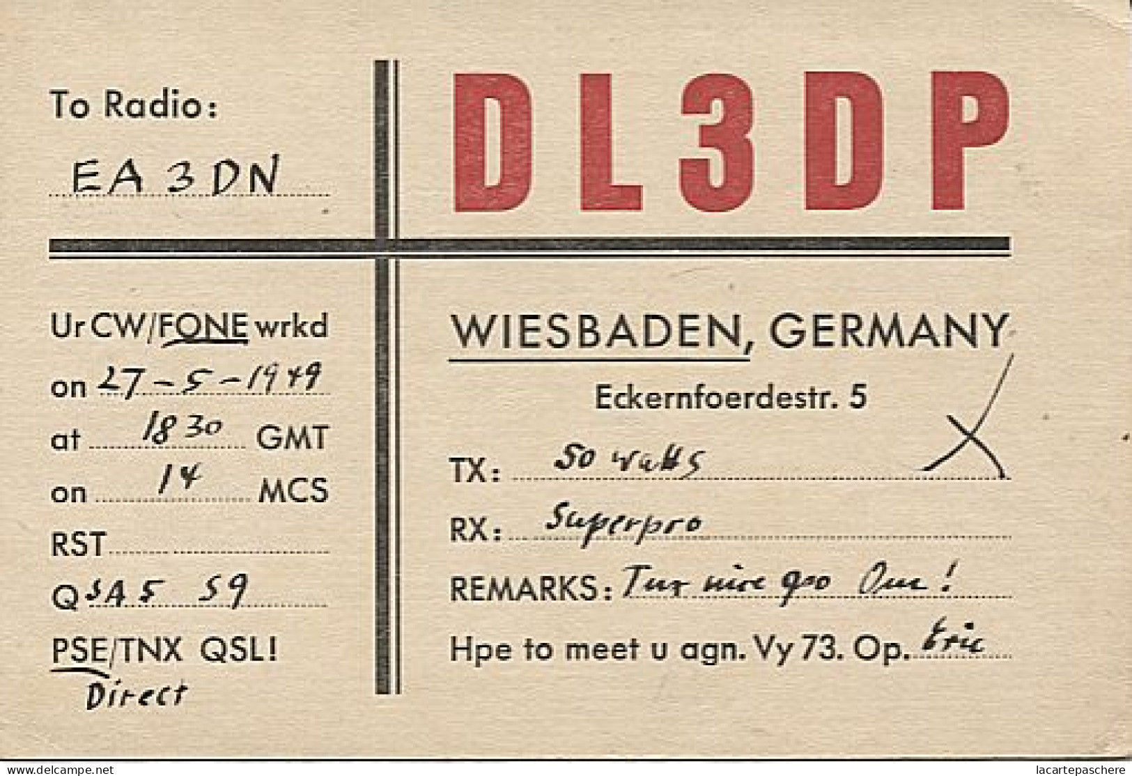 X120880 CARTE QSL RADIO AMATEUR DL3DP ALLEMAGNE GERMANY DEUTSCHLAND WIESBADEN   EN 1949 - Amateurfunk