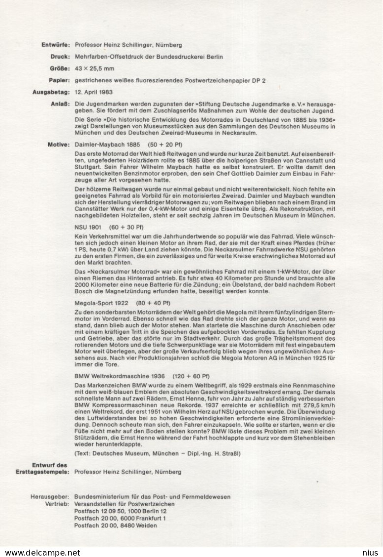 Germany Deutschland 1983-5 Fur Die Jugend, Motorcycle Bike Motorbike Cycle Transport, Canceled In Bonn - 1981-1990