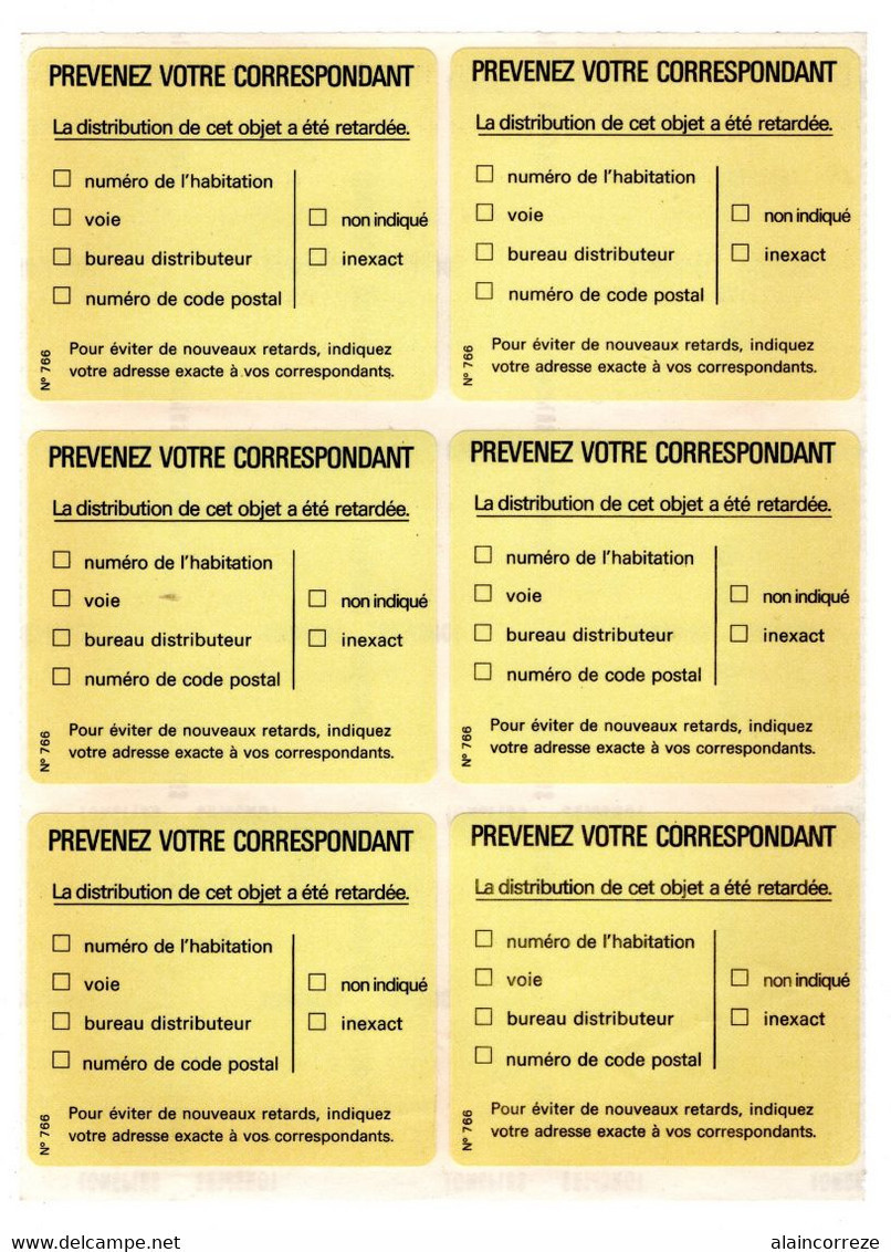 Document Interne La Poste Etiquette Autocollante PREVENEZ VOTRE CORRESPONDANT. Planche De 6 étiquettes - Postdokumente