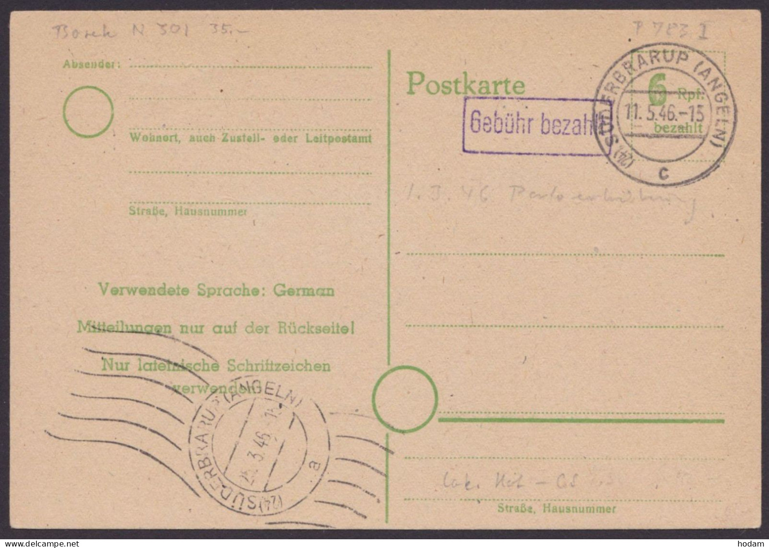 Süderbrarup: P783 I, O, Ra "Gebühr Bezahlt", Blanko, 11.5.46 - Covers & Documents