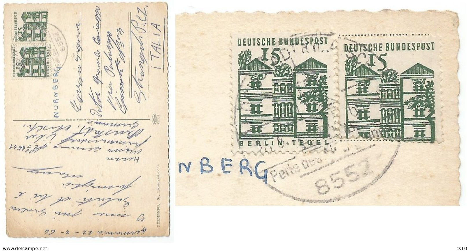 Germany Tegel Pf.15 (x2) Coil - Cut Error By Distributor - Used Pcard Nurnberg 22mar1966 To Italy - Storia Postale