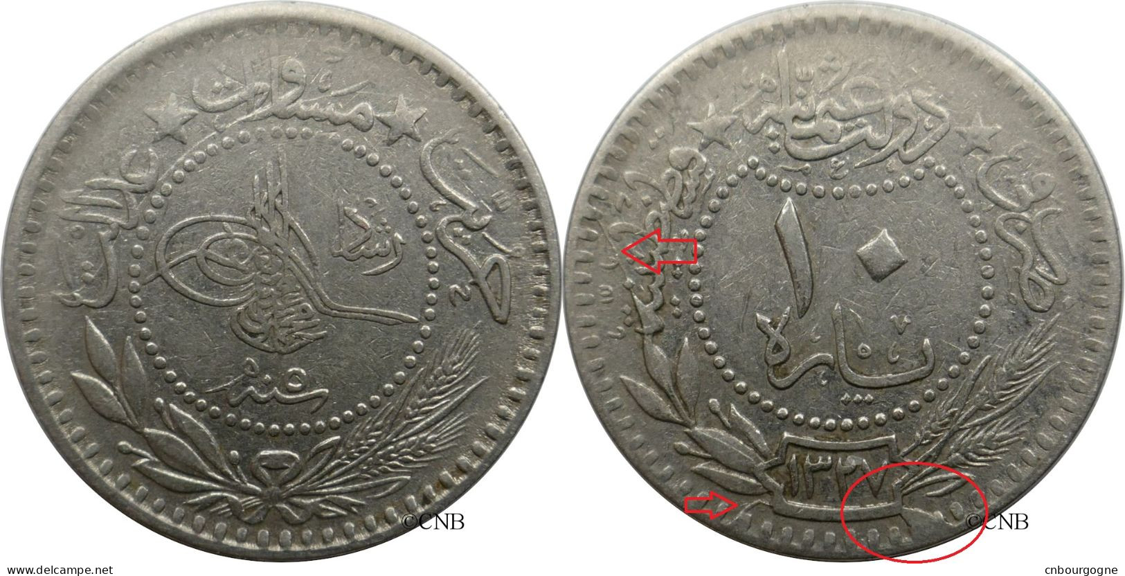 Empire Ottoman - Mehmed V - 10 Para AH1327//5 (1913) Coin Revers Cassé - TTB/XF45 - Mon5588 - Turquia