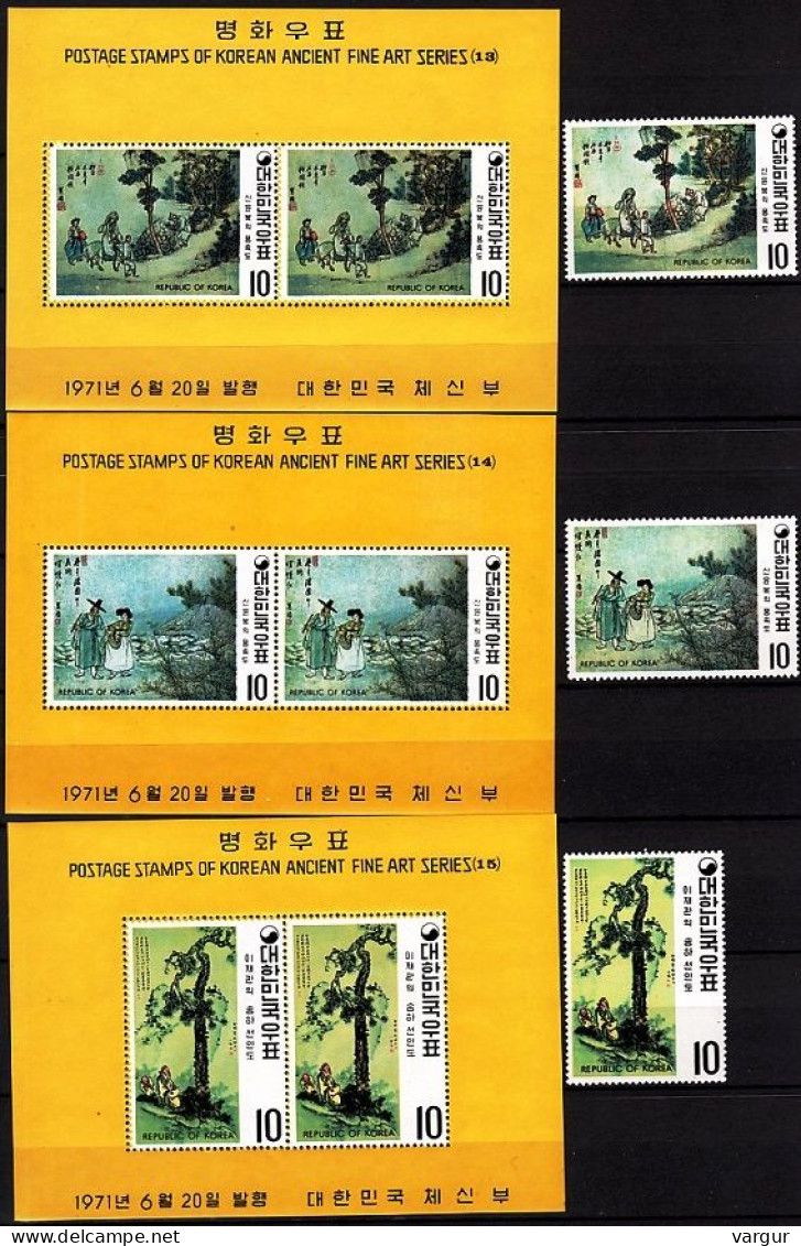 KOREA SOUTH 1971 ART: Yi Dynasty Paintings. Complete 4th Issue. 6v & 6 Souvenir Sheets, MNH - Incisioni