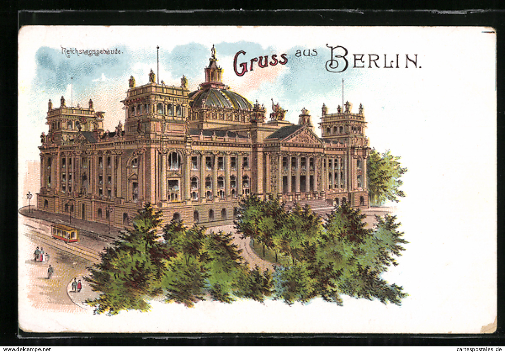 Lithographie Berlin-Tiergarten, Reichstagsgebäude Mit Strassenbahn  - Tiergarten