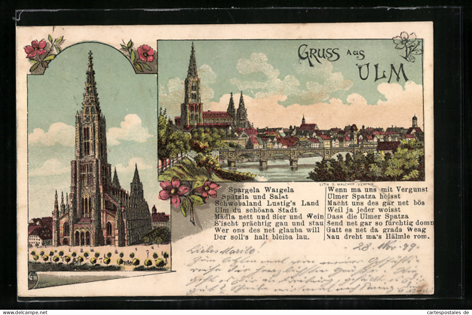 Lithographie Ulm / Donau, Stadtansicht Mit Flusspartie  - Ulm