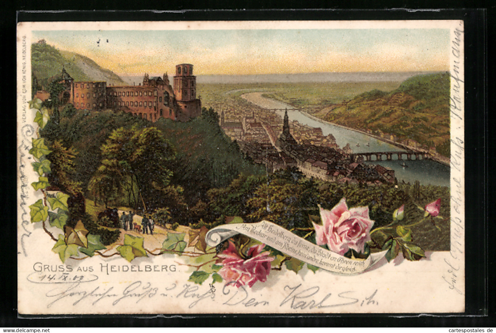 Lithographie Heidelberg, Panoramaansicht Mit Burg Und Der Brücke, Rosen  - Heidelberg