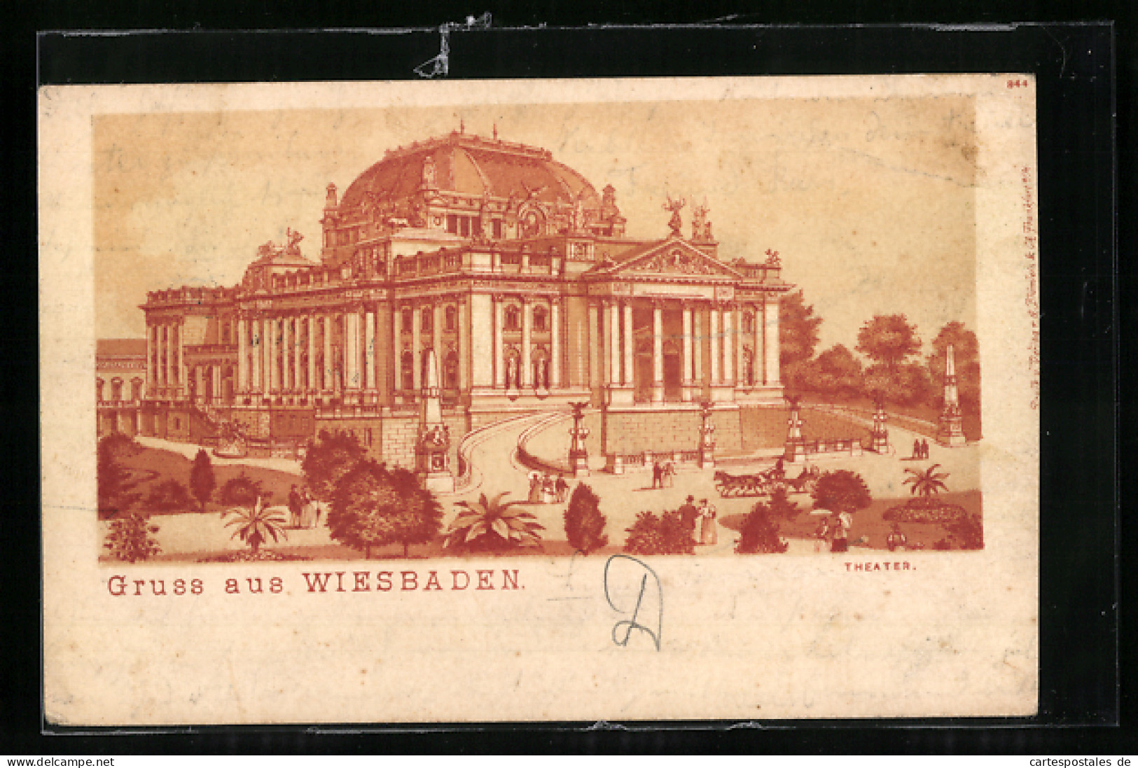 Lithographie Wiesbaden, Theater Mit Kutschen Und Passanten  - Theatre