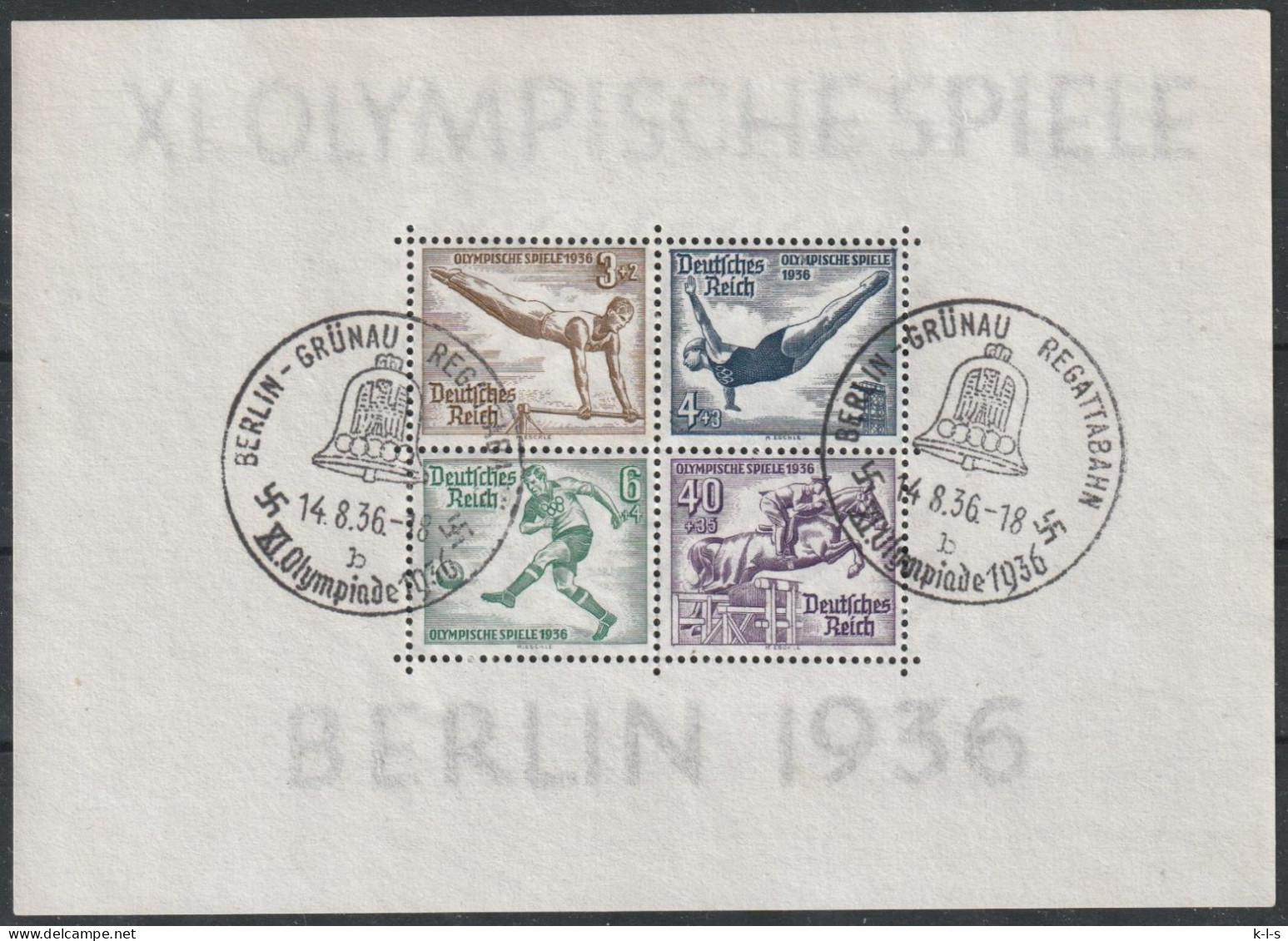 Deut. Reich: 1936, Blockausgabe: Mi. Nr. 5 X, Olympische Sommerspiele, Berlin.  SoStpl. BERLIN-GRÜNAU - Bloques