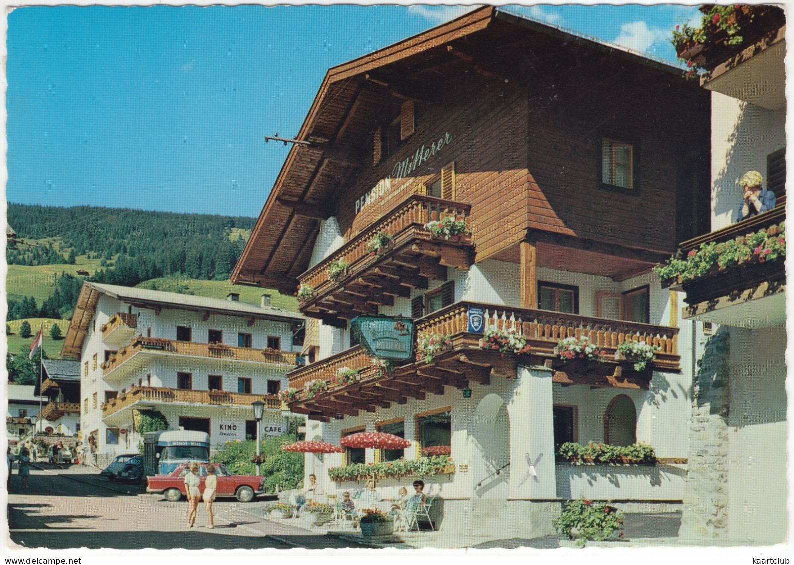 Saalbach: PEUGEOT 404, MERCEDES L319, VW1200  KÄFER/COX, DKW 3=6 - Pension Mitterer - (Österreich/Austria) - Voitures De Tourisme