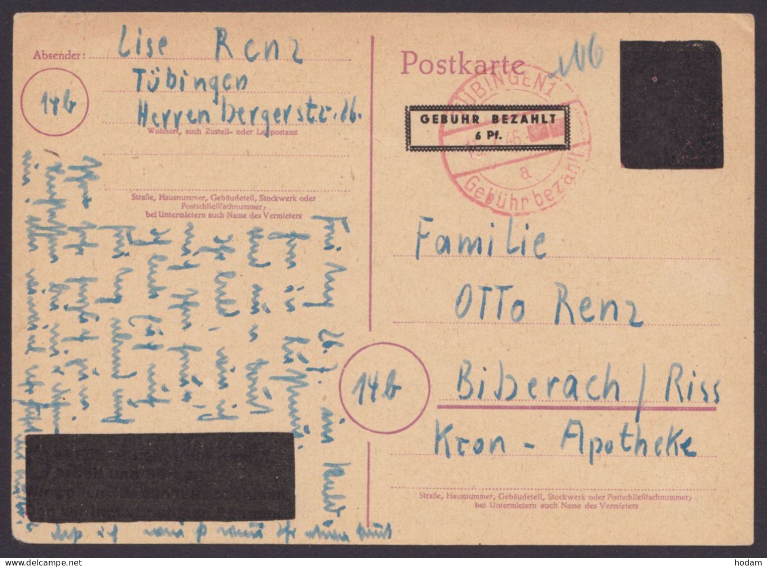 Tübingen: PE 814, O, Bedarf, Roter K1 "Gebühr Bezahlt", 15.7.46 - Storia Postale