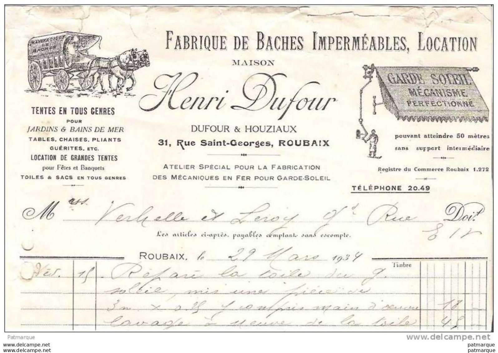 59. ROUBAIX -  FABRIQUE DE BACHES IMPERMEABLE - HENRI DUFOUR - Facture 1934 - Other & Unclassified