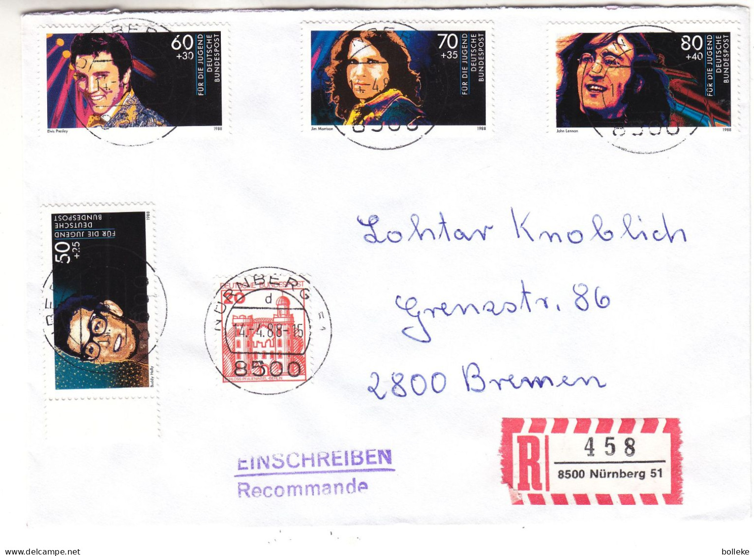 Allemagne - République Fédérale - Lettre Recom De 1988 - Oblit Nürnberg - Musique - Elvis - Buddy Holly - John Lennon - - Brieven En Documenten