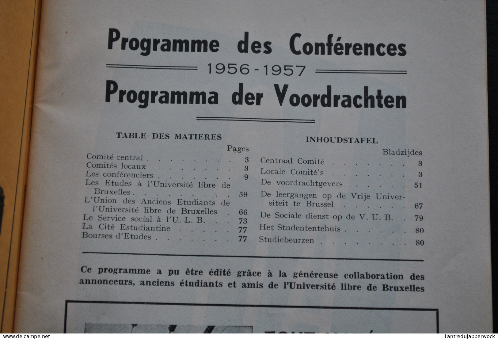 Extension De L'Université Libre De Bruxelles Programme Des Conférences 1956 1957 Vrije Universiteit Te Brussel ULB VUB - Belgium