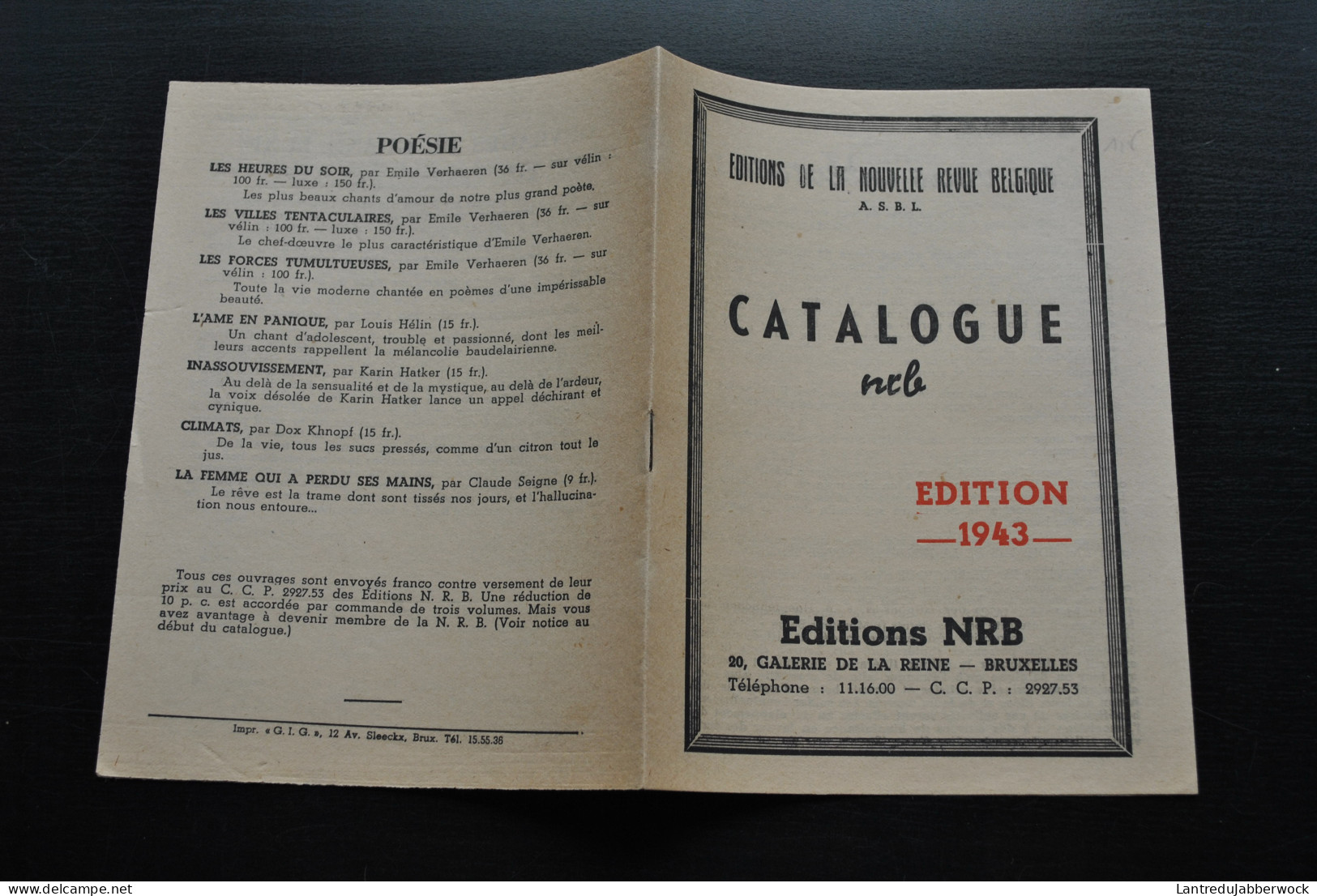 CATALOGUE NRB EDITION 1943 GALERIE DE LA REINE BRUXELLES - NOUVELLE REVUE DE BELGIQUE  - Sonstige & Ohne Zuordnung