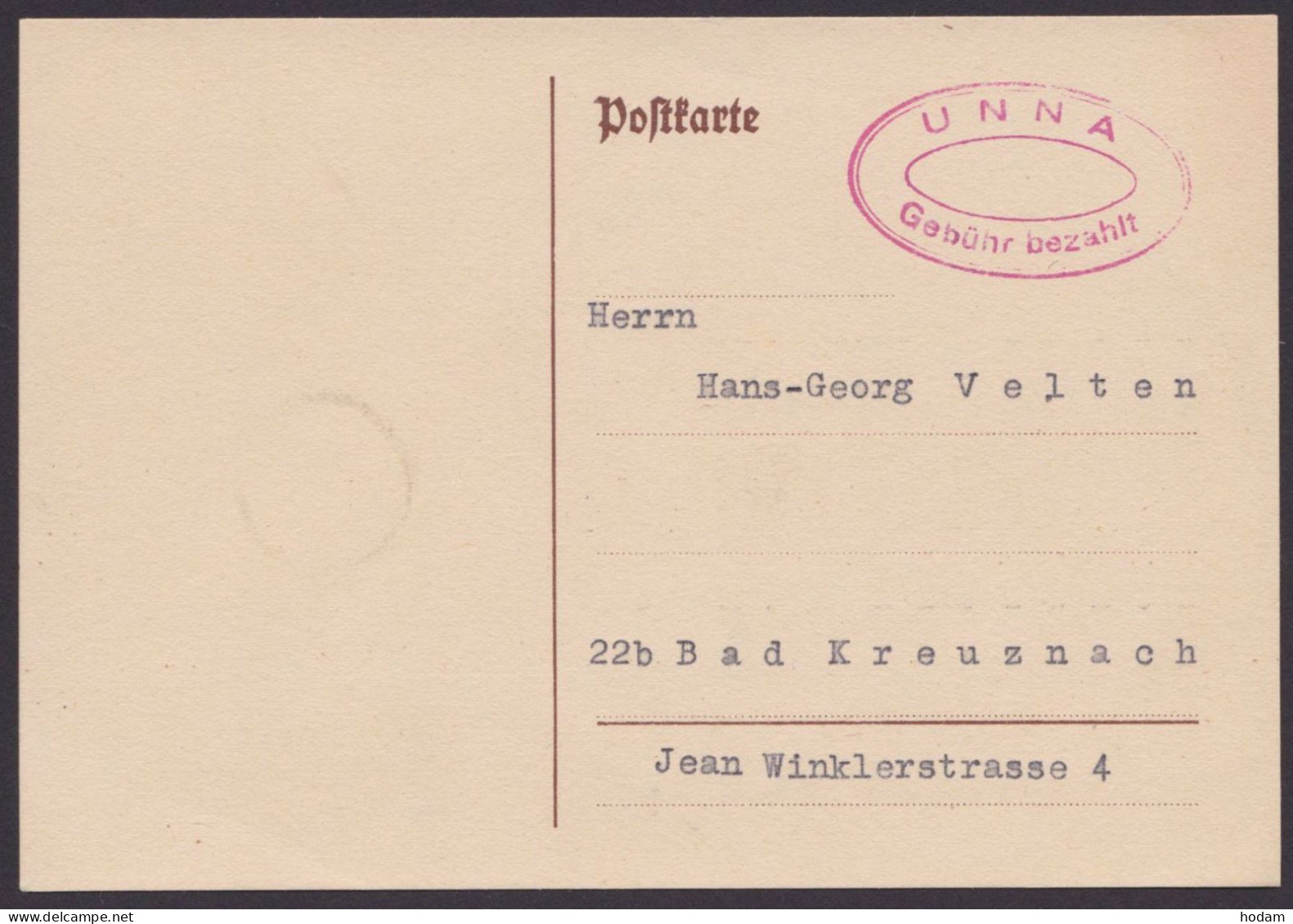 Unna: Karte, *, Rotes Oval "Gebühr Bezahlt", Anschrift, Kein Text - Lettres & Documents