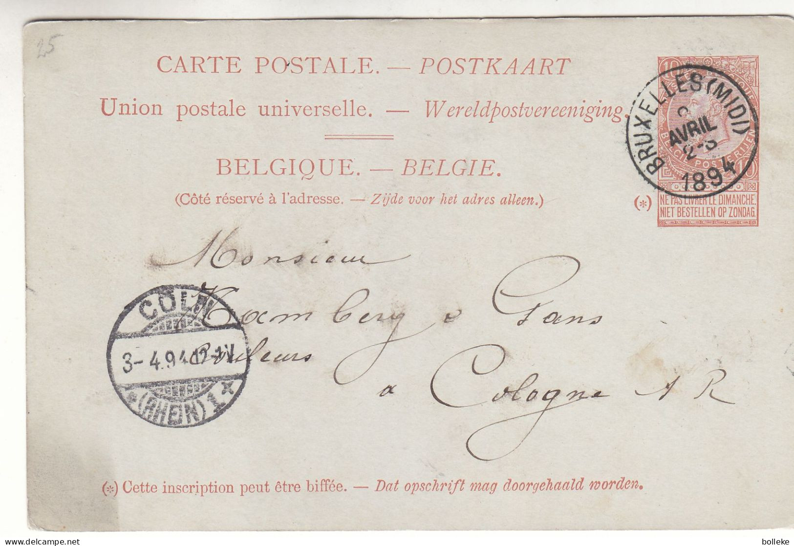 Belgique - Carte Postale De 1894 - Entier Postal - Oblit Bruxelles Midi - Exp Vers Cologne - - 1893-1900 Barbas Cortas