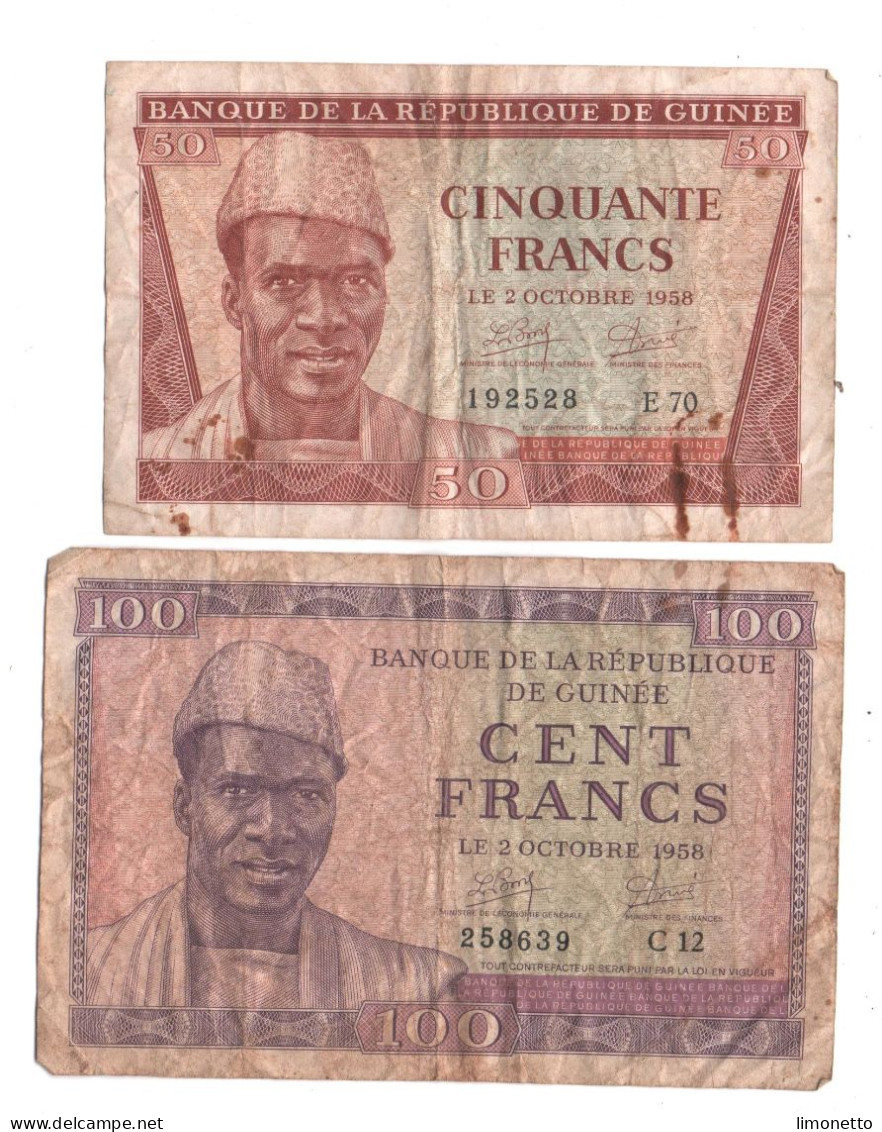 GUINEE -  2 Billets  Du 2 10 1958 (  Peu Commun ) 50 Et 100 Frs - Cat World N° 6 Et 7   - Usagés - Guinée