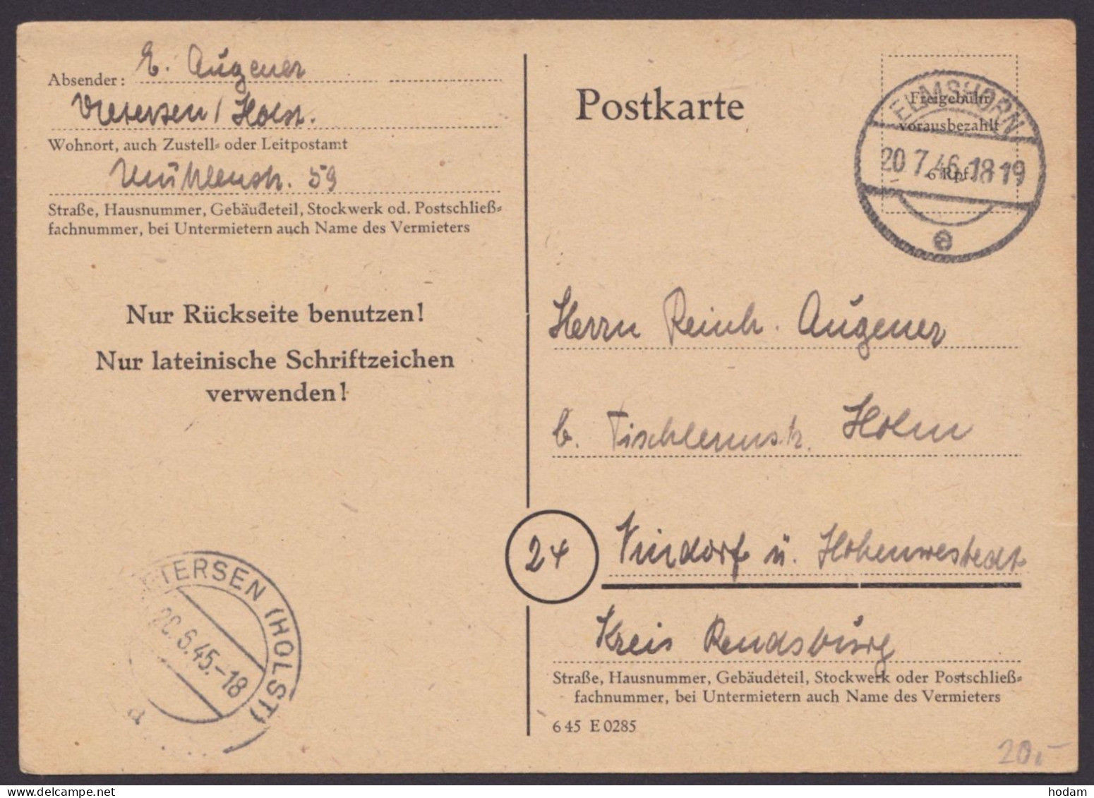 Uetersen/Holstein: P764 I, O, Bedarf, Abgang "Elmshorn", 20.7.46 - Covers & Documents