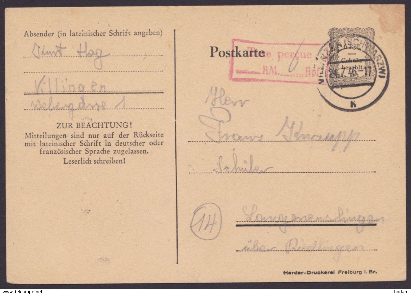 Villingen: P833, O, Bedarf Mit Rotem Ra "Taxe Percue", Handschr. "6", 24.7.46 - Storia Postale