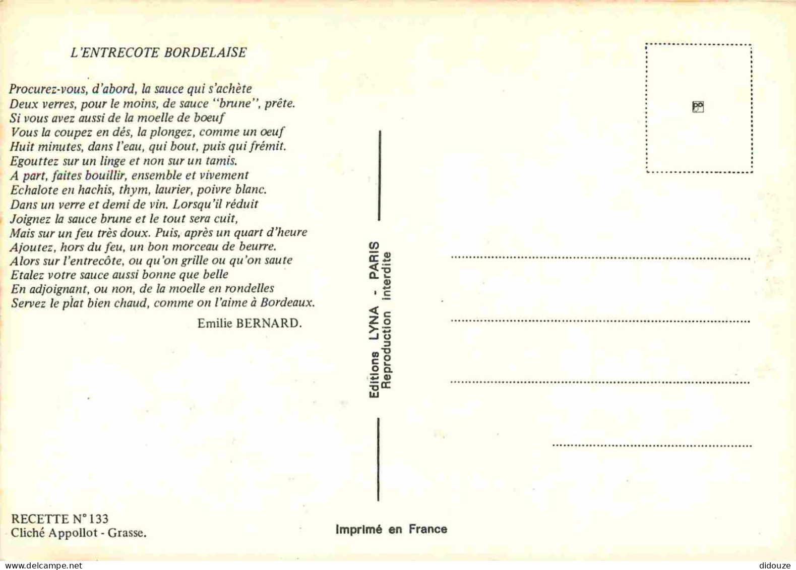 Recettes De Cuisine - Entrecote Bordelaise - Gastronomie - CPM - Voir Scans Recto-Verso - Ricette Di Cucina