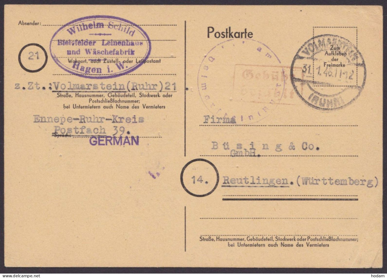 Volmarstein/Ruhr: Bedarfskarte Mit Dienstsiegel Und Ra "Gebühr Bezahlt", 31.1.46 - Cartas & Documentos