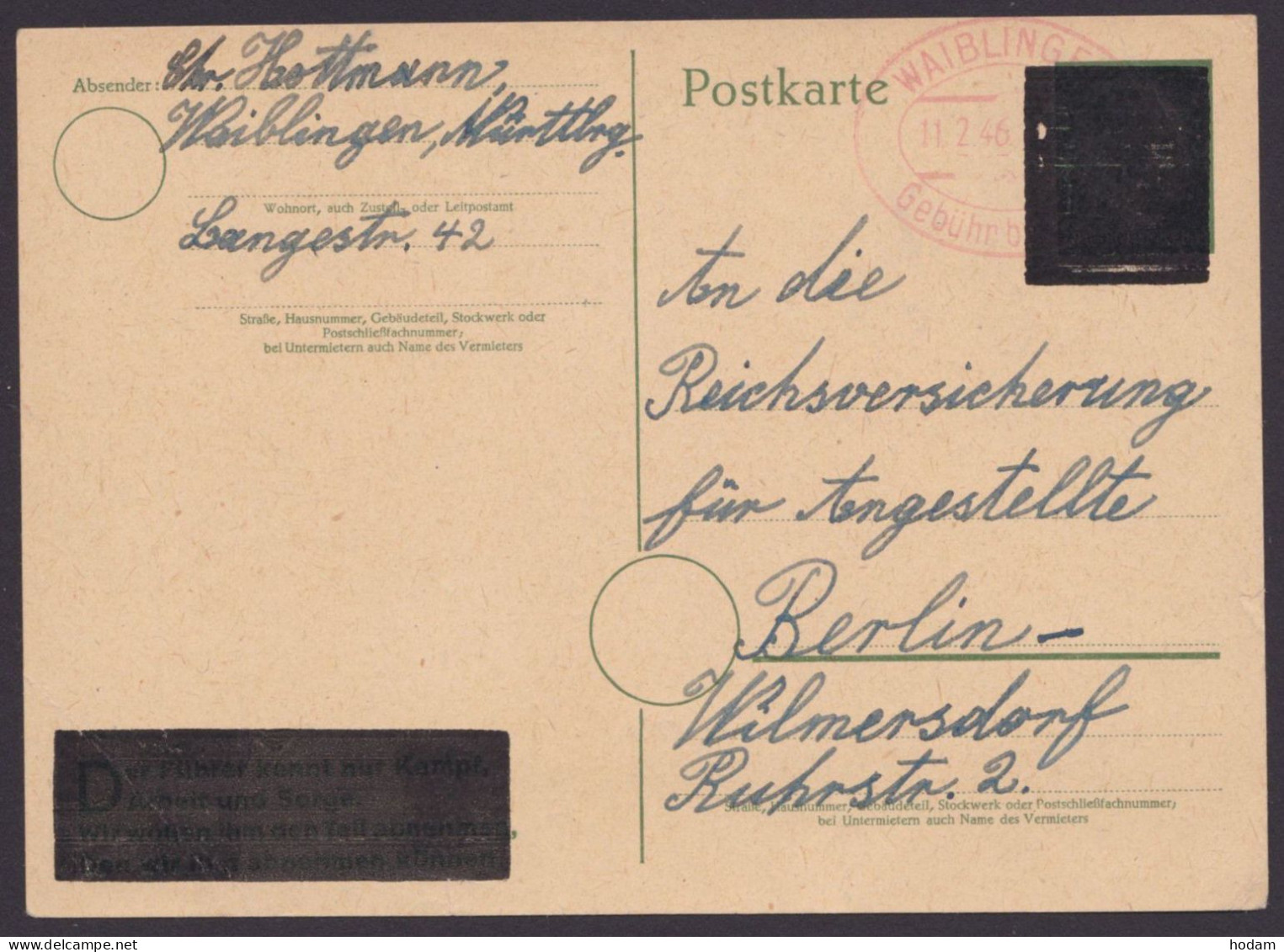 Waiblingen: DR P313 II, O, Bedarf, Schwarz überdruckt, Rotes Oval "Gebühr Bezahlt", 11.2.46 - Storia Postale
