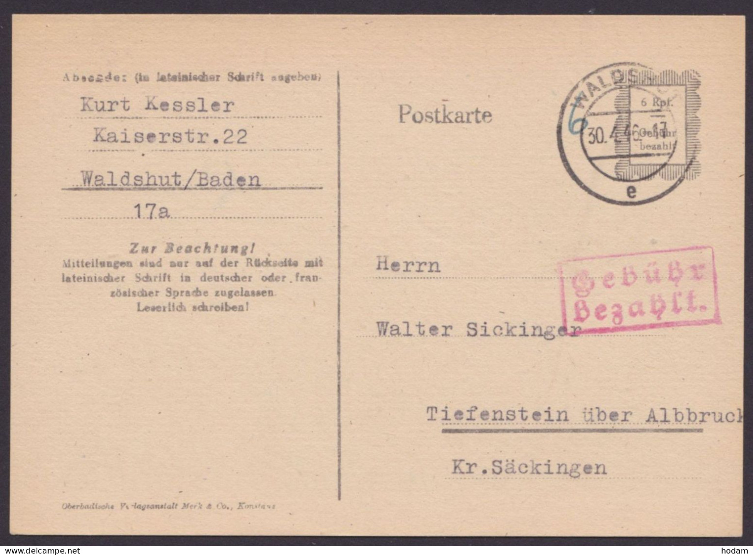 Waldshut: P835 I, O, Bedarf Mit Ra "Gebühr Bezahlt", Handschr. "6", 30.4.46 - Lettres & Documents