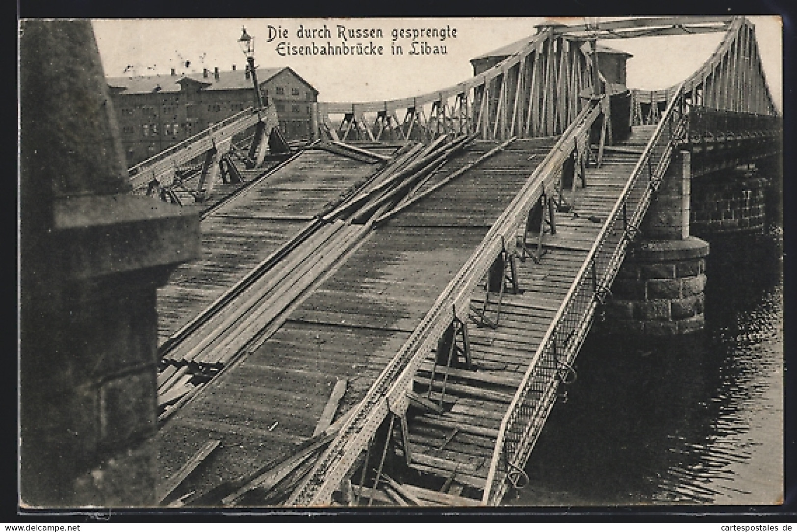 AK Libau, Durch Russen Gesprengte Eisenbahnbrücke  - Lettonie