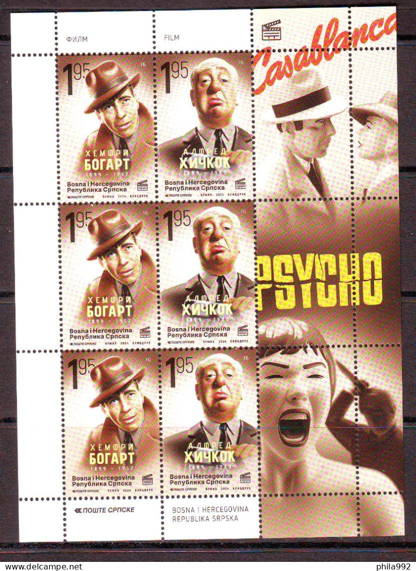 Bosnia:Republika Srpska 2024 FILM Humphrey Bogart Alfred Hitchcock Casablanca Psycho Mini Sheet MNH - Bosnien-Herzegowina