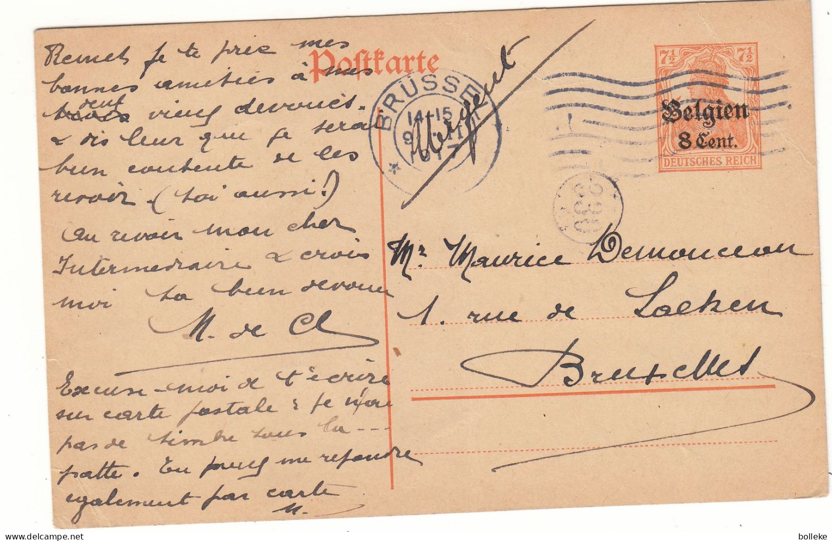 Belgique - Carte Postale De 1917 - Entier Postal - Oblit Brüssel - Exp Vers Bruxelles - Cachet Du Facteur - - OC26/37 Territori Tappe