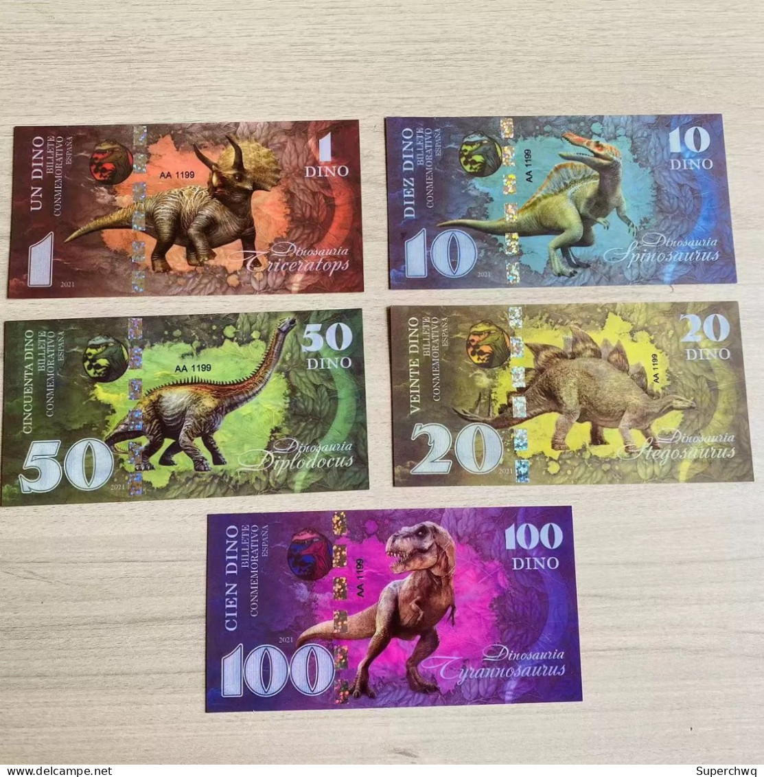 5 Complete Sets Of Jurassic Dinosaur Series Plastic Commemorative Fluorescent Banknotes，UNC - Cina