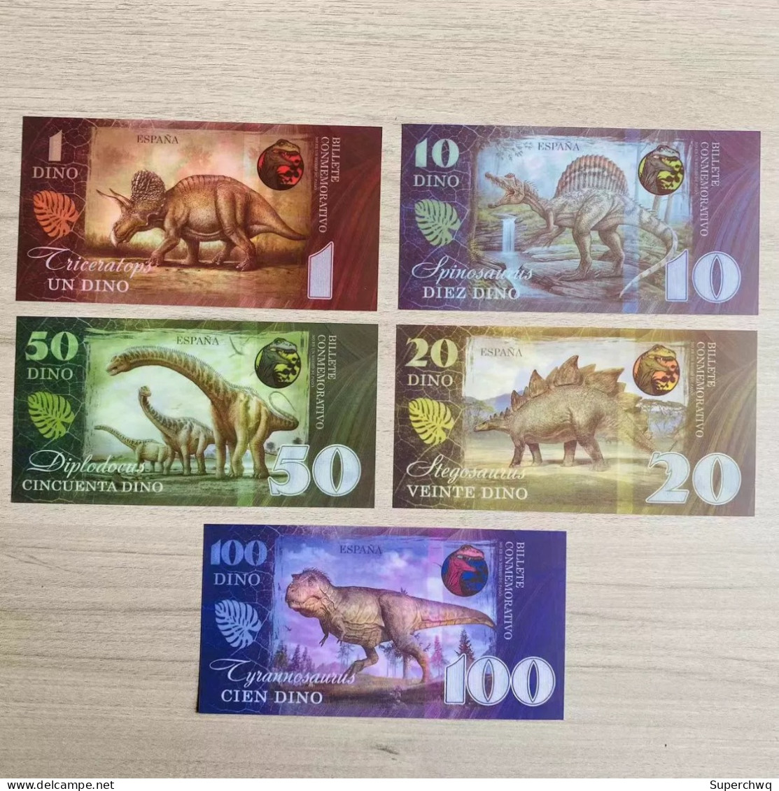 5 Complete Sets Of Jurassic Dinosaur Series Plastic Commemorative Fluorescent Banknotes，UNC - Cina