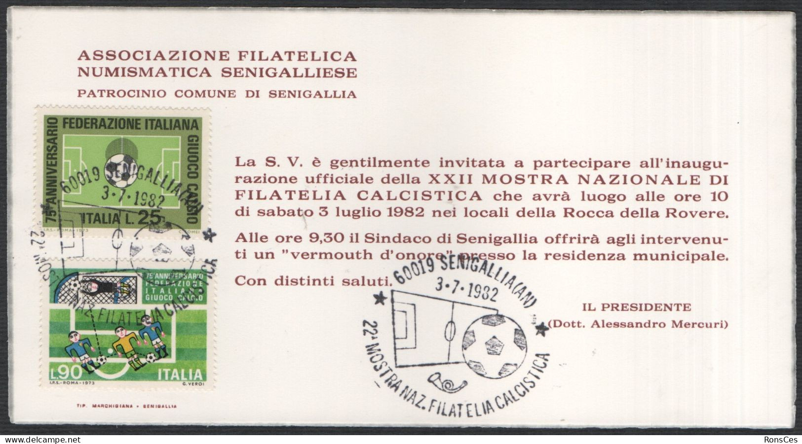 FOOTBALL - ITALIA SENIGALLIA 1982 - 22^ MOSTRA NAZIONALE FILATELIA CALCISTICA - CARTONCINO INVITO INAUGURAZIONE - A - 1982 – Espagne