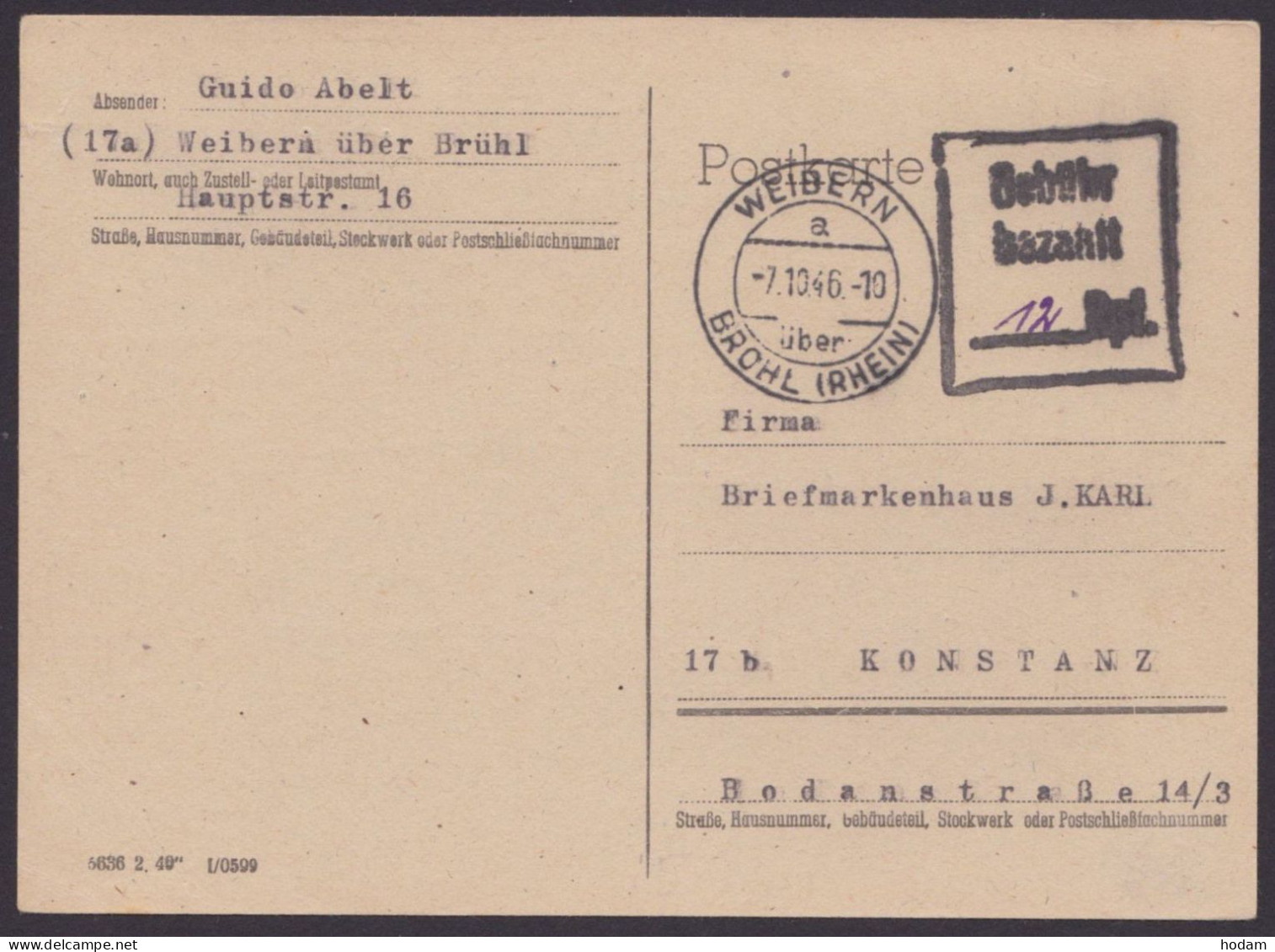 Weibern: Bedarfskarte, O, Ra "Gebühr Bezahlt", 7.10.46, Selten - Storia Postale