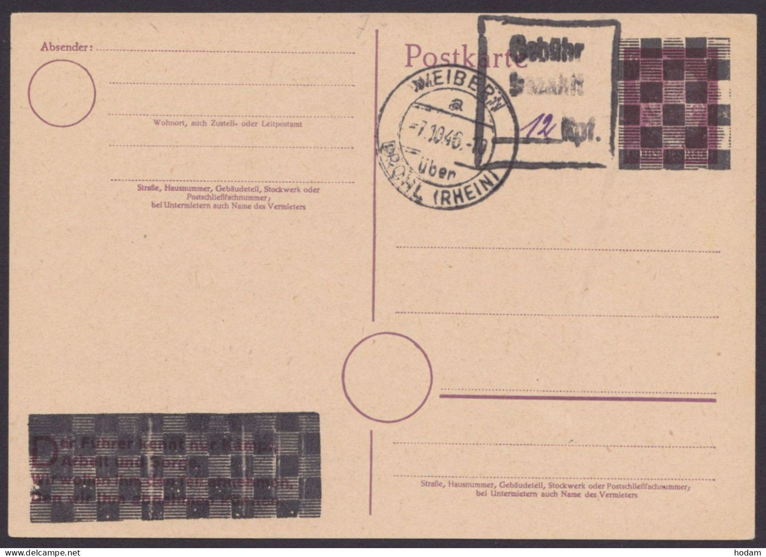 Weibern: DR P314 II, O, Schachbrettüberdruck, Ra "Gebühr Bezahlt", Blankostempel, 7.10.46 - Cartas & Documentos