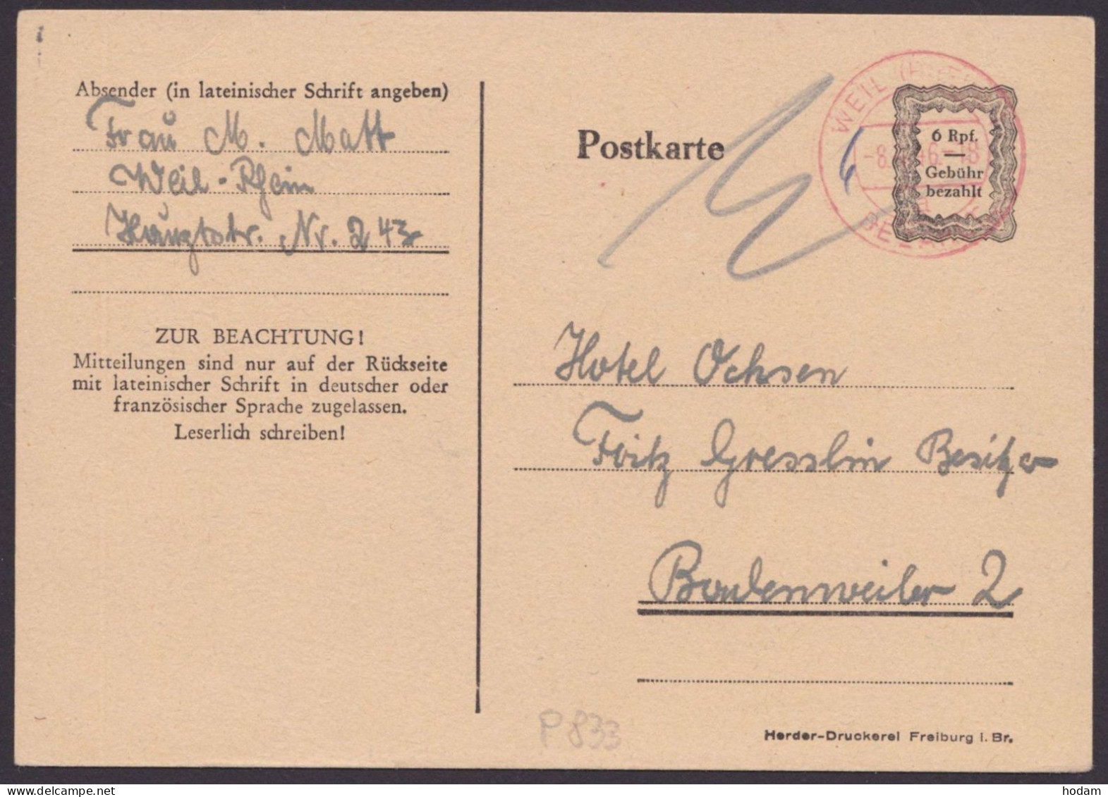 Weil: P833, O, Bedarf, Roter K2 "Bezahlt", 8.4.46 - Storia Postale