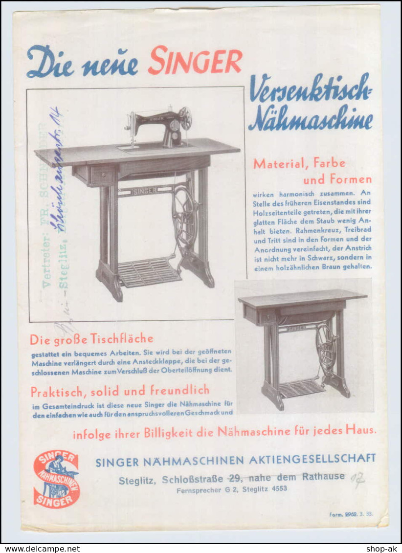 C404/ Singer Versenktisch-Nähmaschine Werbeblatt 1933 - Werbung