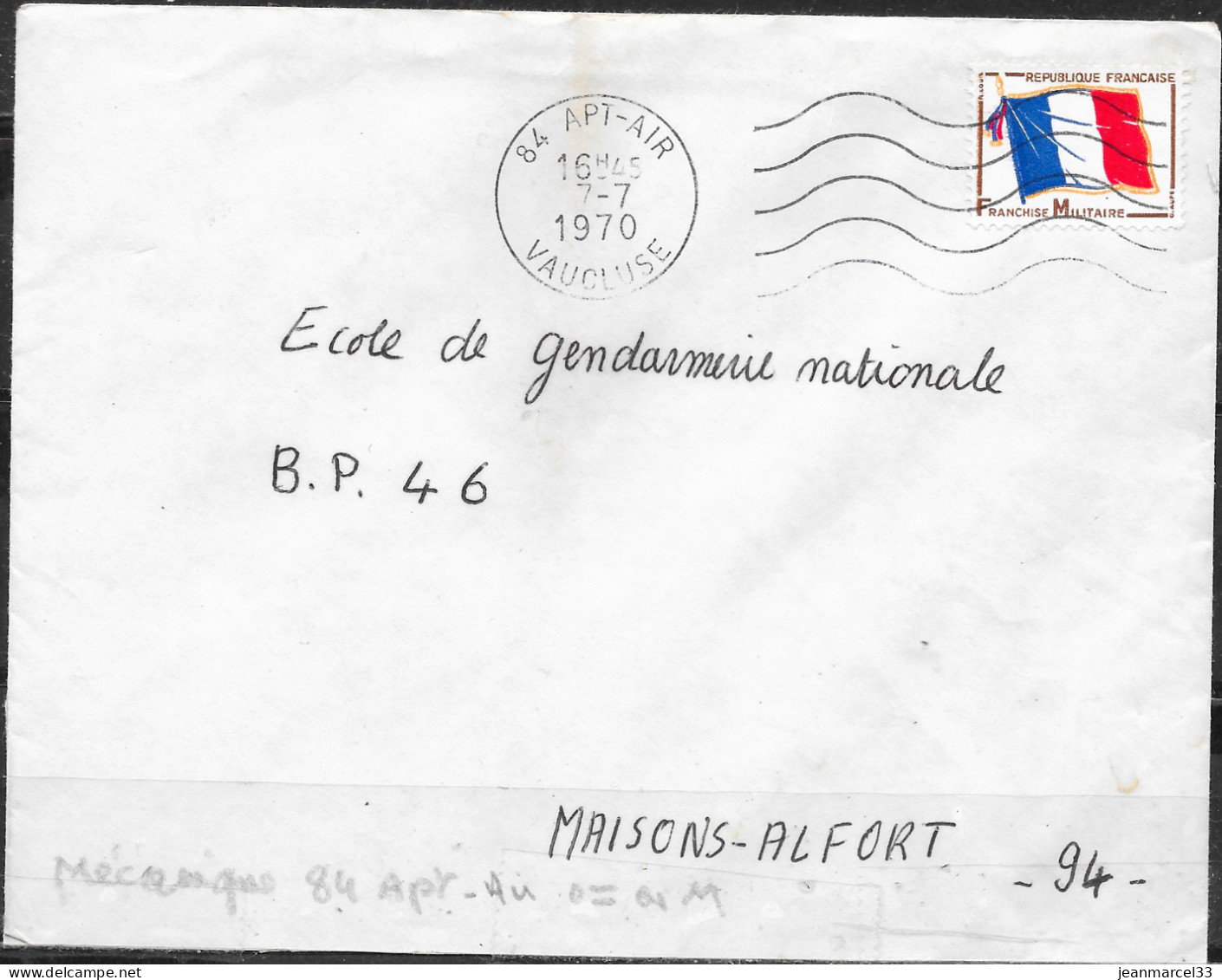 Cachet Mécanique Lignes Ondulées O= 84 Apt-Air 7-7 1970 Sur Timbre FM Drapeau Tricolore - Covers & Documents