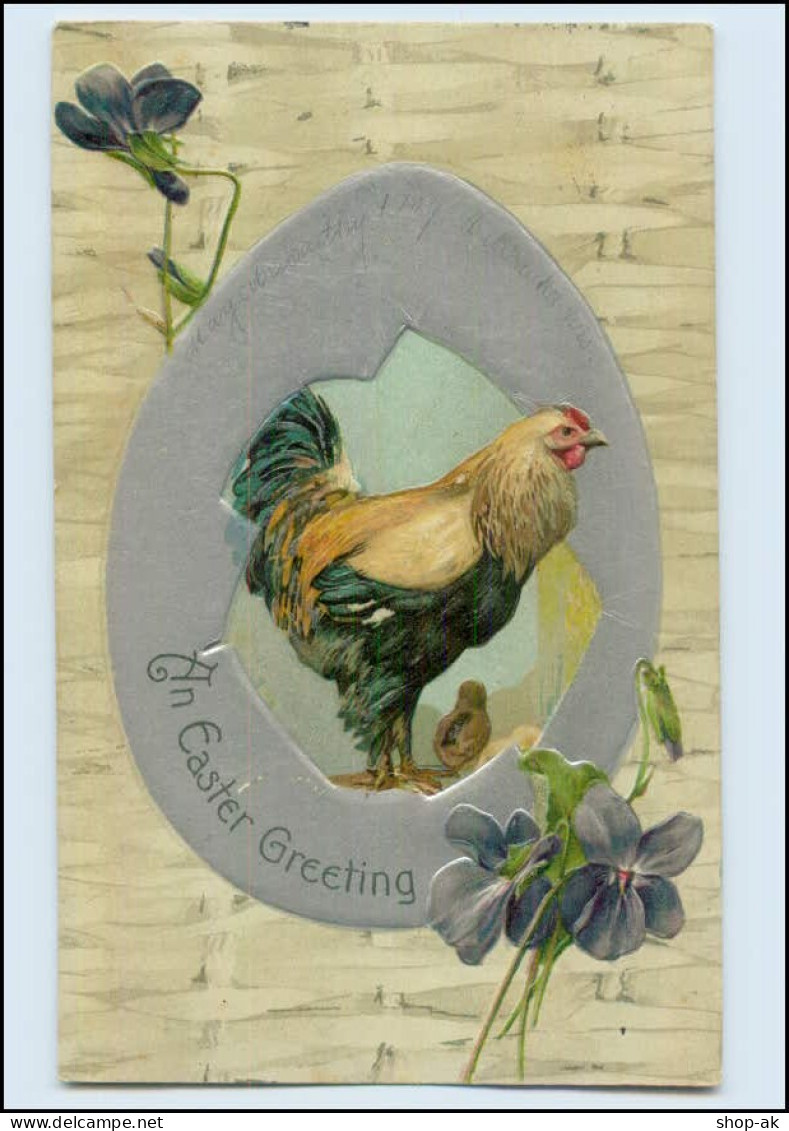 Y680/ Ostern An Easter Greeting Hahn Küken Osterei Präge Litho AK 1907 - Pâques