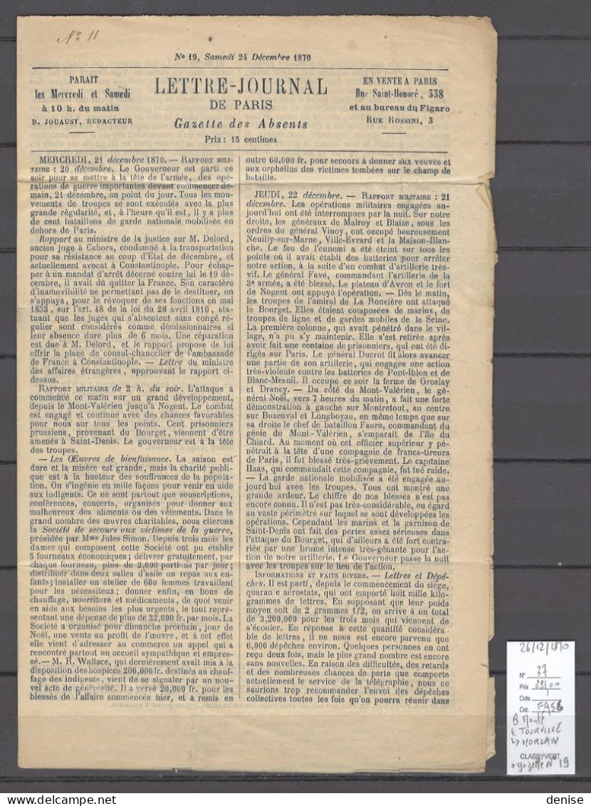 France - Ballon Monté - LE TOURVILLE - 26/12/1870 Pour MORLAIX  + Gazette - Krieg 1870