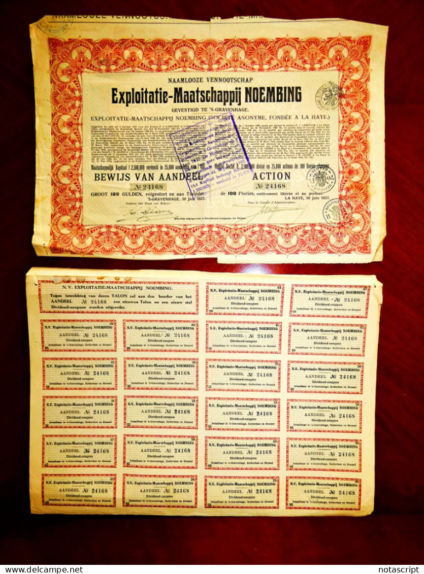 Exploitatie-Maatschappij Noembing 1927 Share Certificate Rubber Exploitations,Dutch East Indies. - Landbouw