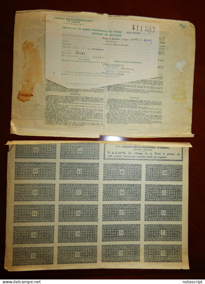 Exploitatie-Maatschappij Noembing 1927 Share Certificate Rubber Exploitations,Dutch East Indies. - Agricultura