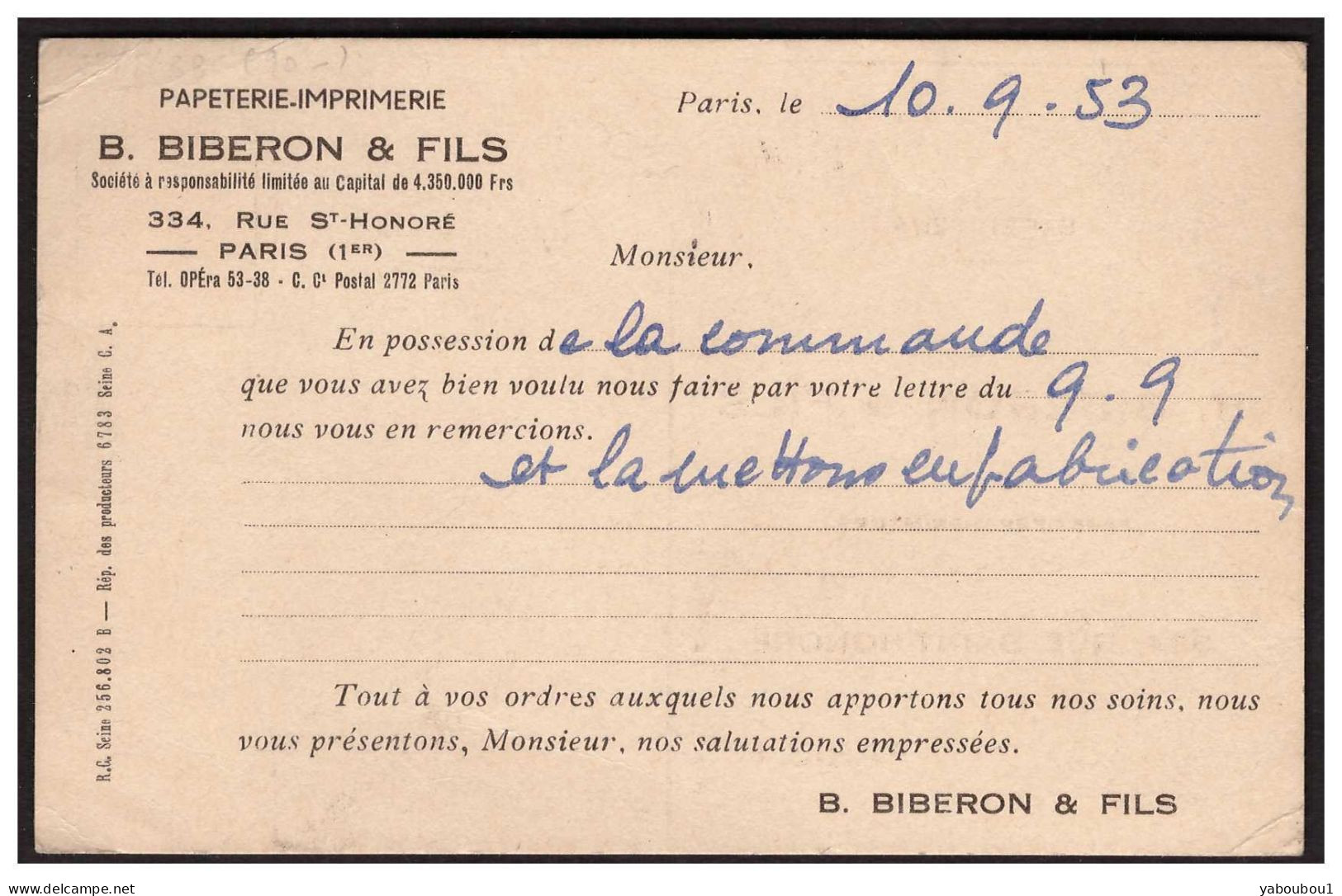 Timbre Gandon  Perfore B B Sur Carte Postale  De B BIBERON Et Fils - Briefe U. Dokumente