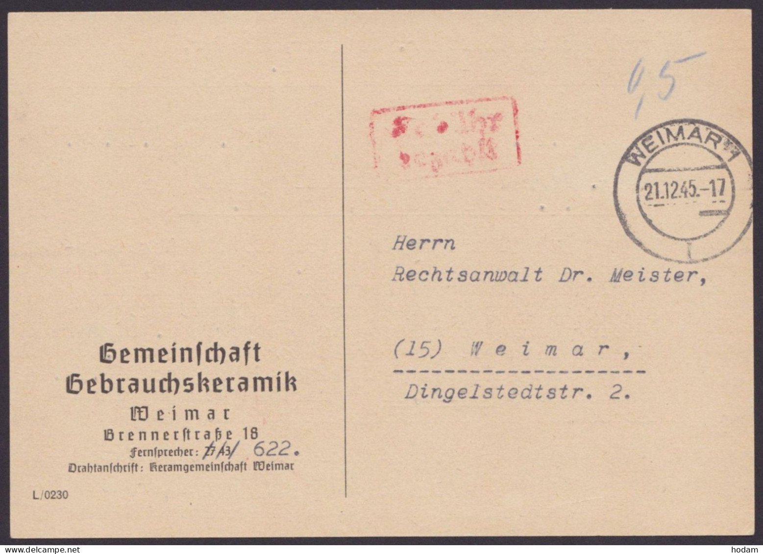 Weimar: Ortskarte, O, Roter Ra "Gebühr Bezahlt", Handschr. "0,5", 21.12.45, Bedarf - Lettres & Documents