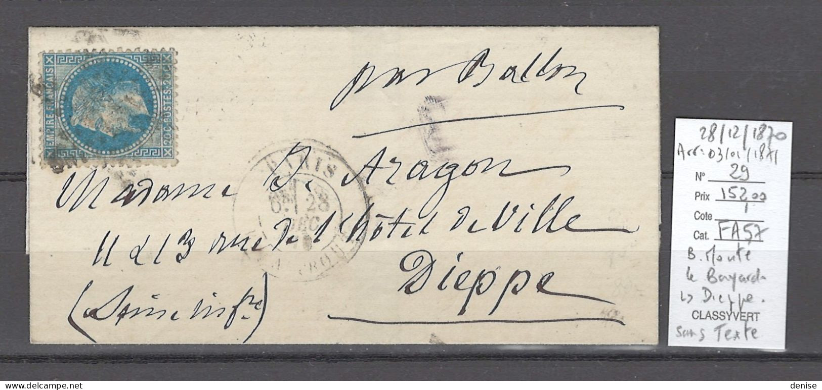 France - Ballon Monté - LE BAYARD- 28/12/1870 Pour Dieppe - Guerre De 1870