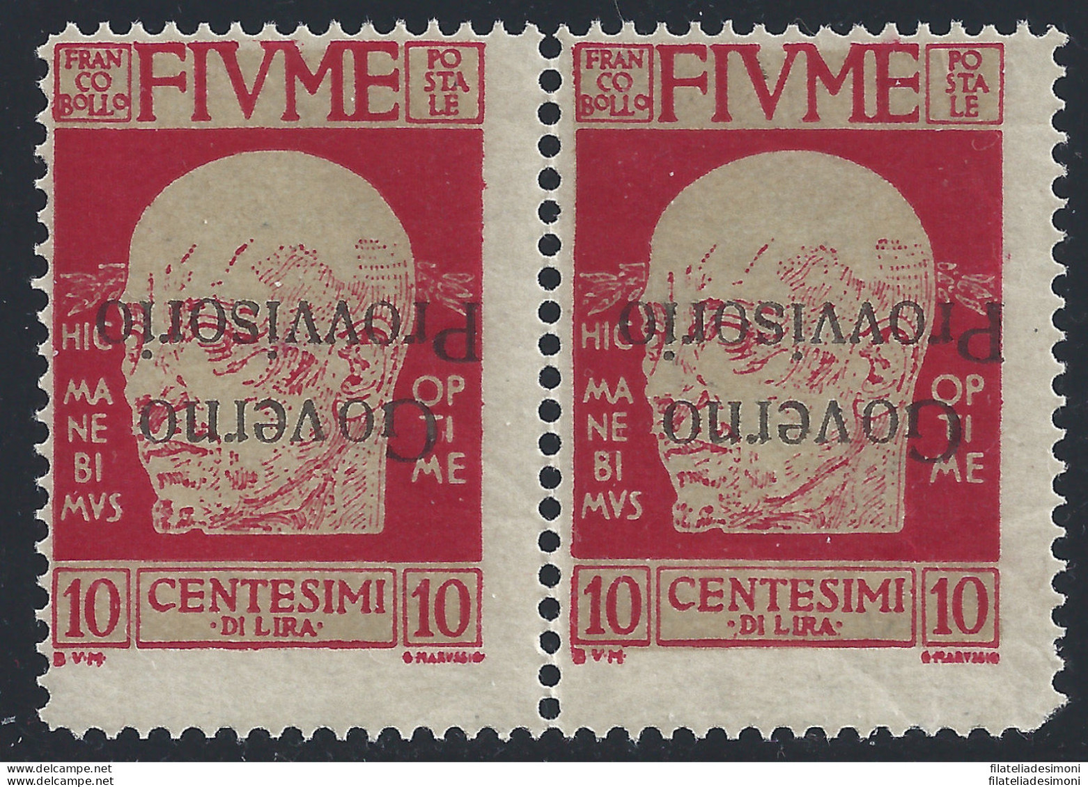 1921 Fiume, N° 176b 10 Cent. Carminio MLH/*  COPPIA SOVRASTAMPA CAPOVOLTA - Sonstige & Ohne Zuordnung